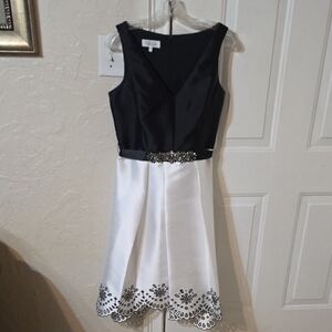 Rickie Freeman for Teri Jon Black and White Midi Dress with Floral Hem